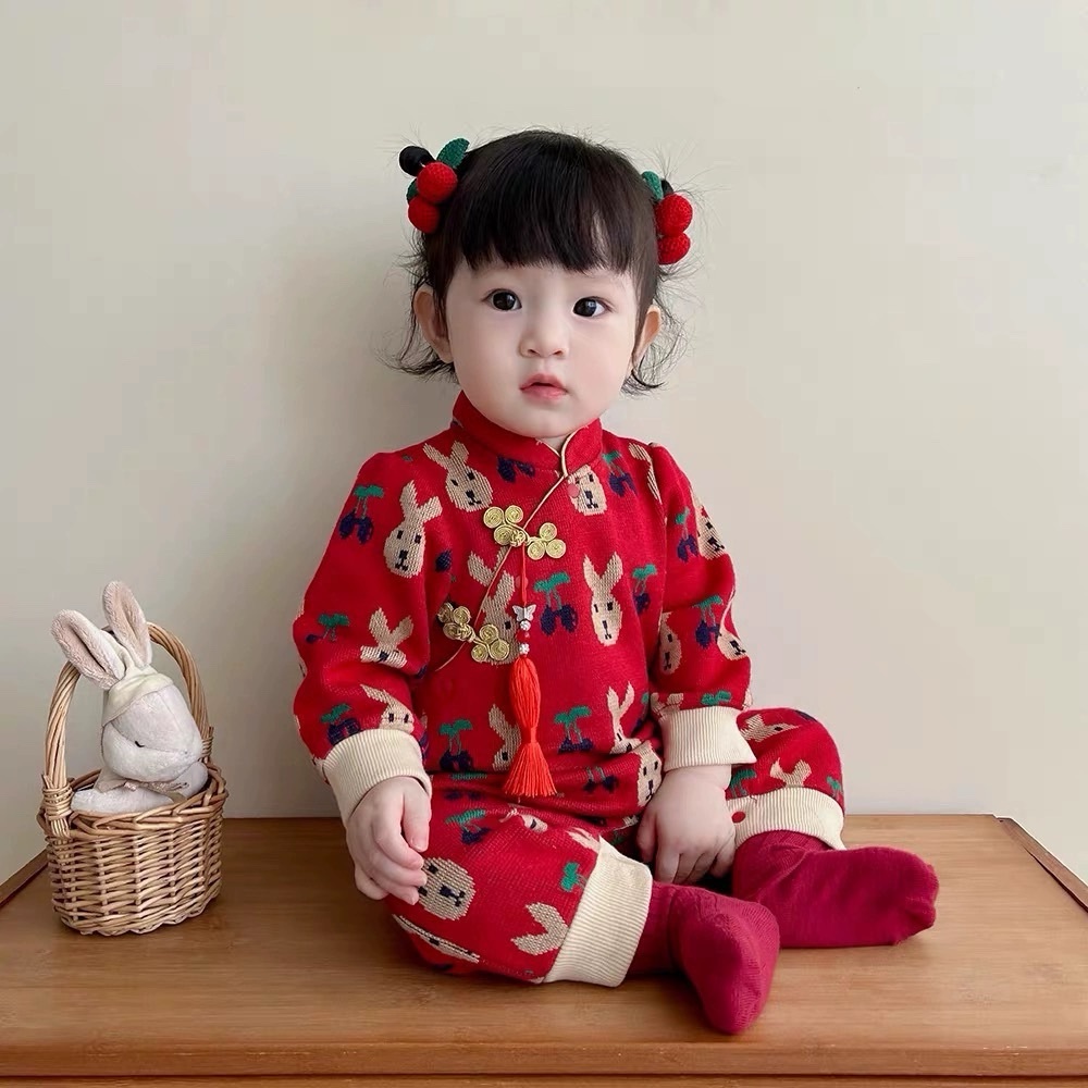 Chinese QiPao Red sweater long sleeve bodysuit